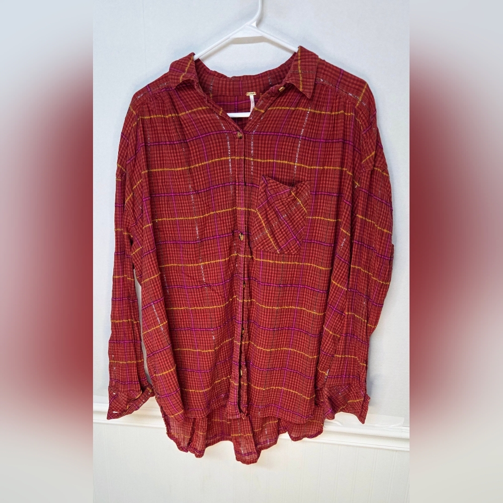 Free People Womens Top Break My Stride Red Plaid Oversized Button Up Tunic 0053